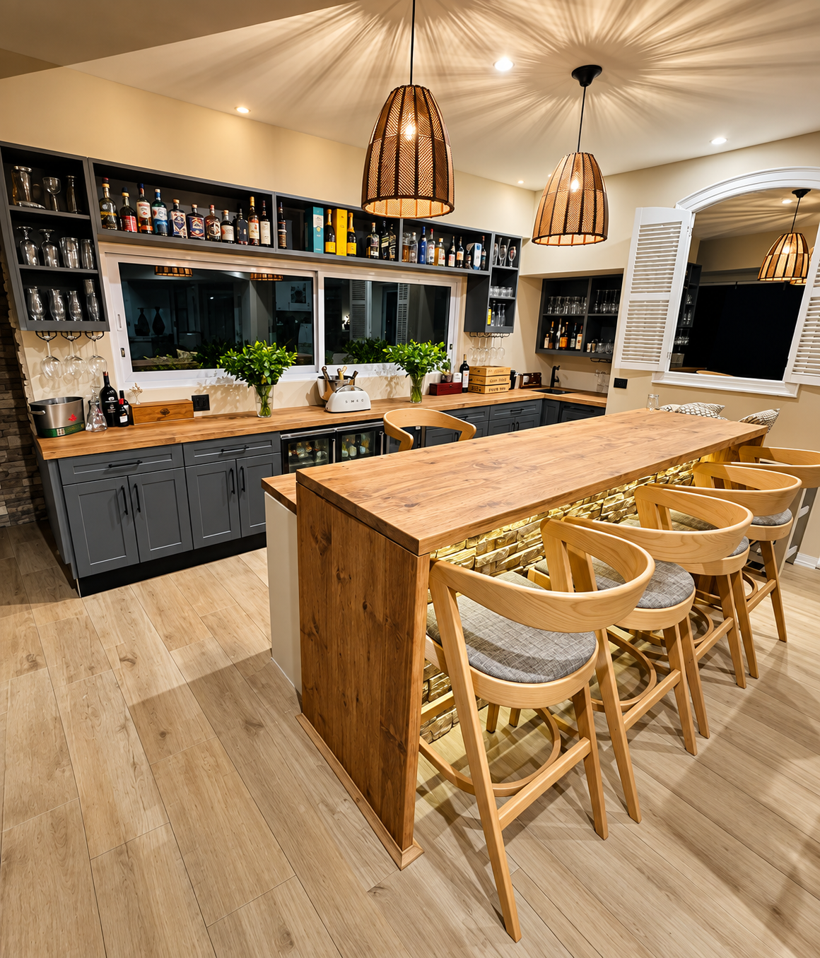 Finished entertainment kitchen and bar